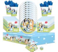 Bluey Fournitures de fête d'anniversaire avec nappe, assiettes, serviettes, tasses et autocollants, décorations de fête Bluey pour garçons et filles, pour 16 invités, ensemble amusant pour fêtes et