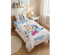 Parure de Lit Enfant Bluey - 100% Coton - Housse de Couette 100x135 cm + Taie d'oreiller 40x60 cm - Motif Bluey, Bingo et Muffin - Certifié Oeko-TEX - Rose et Blanc à Rayures