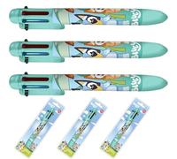 Bluey Lot de 3 stylos à bille rétractables multicolores 6 en 1 - Pointe fine de 0,5 mm, encre lisse résistante à la décoloration - Stylo d'écriture amusant pour enfants pour l'école, les arts et
