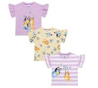 Bluey Lot de 3 t-shirts à volants pour fille | T-shirts à manches courtes à volants | T-shirts 100 % coton | De 18 mois à 8 ans, Lilas/blanc/jaune, 6-7 ans