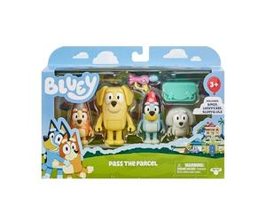 Bluey Lot de 4 Figurines Pass The Parcel de 6,3 à 7,6 cm, Bingo, Lucky's Dad et Lila avec Accessoires