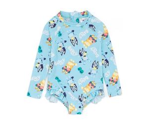 BlueY Maillot de Bain Girls | Bébé Tout-Petit Bingo Bleu Logo Partout Print Maillot de Bain | Manches Longues avec Ourlet à collerette