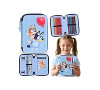 Bluey Trousse à crayons à deux compartiments avec accessoires pour enfants, pour l'école - 22 pièces, 2 fermetures à glissière