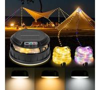 BlueYu Guirlande Lumineuse de Camping, 4400mAh, Dure Jusqu'à 25 Heures,13 Modes lumineux, Solaire et Type C, 4 en 1 Lampe Extérieure Rechargeable Portable 10M Pour Camping, Noël,Décoration (Noir)