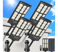 BlueYu Lampadaire Solaire Extérieur 4 Unité, 800W Projecteur LED Solaire IP65 Étanche Spot Solaire Extérieur 6500K, Détecteur de Mouvement avec Télécommande pour routes, parkings, cours, Rue, Parking