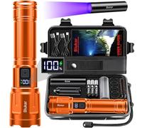 Blukar Lampe Torche LED Ultra Puissante, Lampe de Poche Rechargeable avec 3 Couleurs & 4 Modes D'éclairage, Batterie 5000mAh, Torche Zoomable IP67 Étanche pour Camping/Randonnée/Urgence,Orange