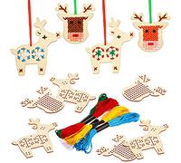 Blulu 10 Pièces Kits de Point de Croix en Bois de Noël Point de Croix de Renne Ornements d'Arbre de Noël en Bois Décorations à Suspendre Décorations Artisanat