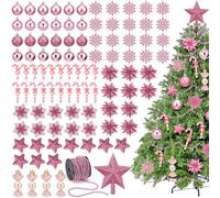 Blulu 101 Pièces Ensemble de Décoration de Sapin de Noël pour Boule de Noel Canne en Bonbon Cimier Sapin Flocons de Neige Étoiles en Mousse Fleurs Guirlandes de Perles(Rose)