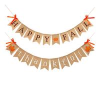 Blulu 2 Pièces Bannière Thankful Bannière Happy Fall Bannière de Guirlande de Thanksgiving d’Automne Rustique en Toile de Chanvre pour Récolte d'automne Décorations de Thanksgiving (Jeu de Couleur 1)