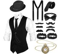 Blulu Accessoires Hommes des Années 1920 Costume de Vêtements de Gangster Gatsby Tenue de Cosplay d'Halloween avec Gilet Fedora Chapeau Montre de Poche Bretelles Cravate (L, Noir)