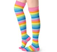 Blulu Chaussettes au Genou Longues Rayées Chaussettes Hautes à Rayures Bas Rayés au Genou pour Femmes(Rose arc-en-ciel)