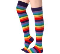 Blulu Chaussettes au Genou Longues Rayées Chaussettes Hautes à Rayures Bas Rayés au Genou pour Femmes(Violet arc-en-ciel)