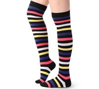 Blulu Chaussettes au Genou Longues Rayées Chaussettes Hautes à Rayures Bas Rayés au Genou pour Femmes(Noir bonbon)