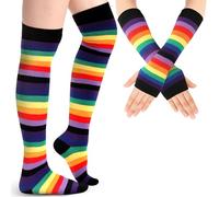 Blulu Chaussettes Hautes Rayées Gants Longs Rayés Bas à Rayures Mitaines Rayées sans Doigts(Noir arc-en-ciel)