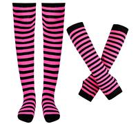 Blulu Chaussettes Hautes Rayées Gants Longs Rayés Bas à Rayures Mitaines Rayées sans Doigts pour Femme Fille