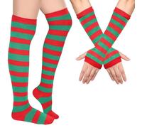 Blulu Chaussettes Hautes Rayées Gants Longs Rayés Bas à Rayures Mitaines Rayées sans Doigts pour Femme Fille