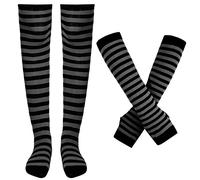 Blulu Chaussettes Hautes Rayées Gants Longs Rayés Bas à Rayures Mitaines Rayées sans Doigts pour Femme Fille(Gris et Noir)