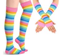 Blulu Chaussettes Hautes Rayées Gants Longs Rayés Bas à Rayures Mitaines Rayées sans Doigts(Rose arc-en-ciel)