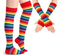 Blulu Chaussettes Hautes Rayées Gants Longs Rayés Bas à Rayures Mitaines Rayées sans Doigts(Rouge arc-en-ciel)
