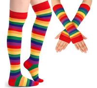 Blulu Chaussettes Hautes Rayées Gants Longs Rayés Bas à Rayures Mitaines Rayées sans Doigts(Rouge bonbon)
