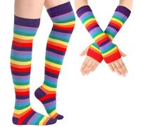 Blulu Chaussettes Hautes Rayées Gants Longs Rayés Bas à Rayures Mitaines Rayées sans Doigts(Violet arc-en-ciel)