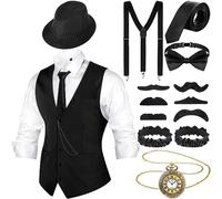Blulu Costume 1920s pour Homme avec Gilet de Gangster Chapeau Fédora Montre de Poche Bretelles (Noir, Bande Noire, XL)