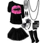 Blulu Ensemble d'accessoires de costume 80 ans, t-shirt tutu, bandeau, boucles d'oreilles, collier, jambières (S, noir), Noir, S