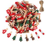 Blulu Lot de 100 Mini Pinces à Linge en Bois de Noël avec 10 mètres de Ficelle de Jute (Arbre de Noël, Flocon de Neige, Renne, Gants)