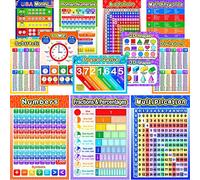 Blulu Lot de 12 posters d'enseignement des mathématiques pour enfants avec 80 pastilles adhésives pour les classes primaires et secondaires, enseignement, multiplication, division, additions