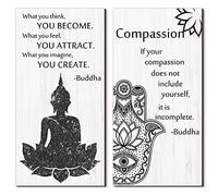 Blulu Lot de 2 citations de Bouddha - Décoration murale en bois - Citation inspirante - Méditation zen - Bouddha de méditation - Art pour la maison, le salon, le yoga (compassion)
