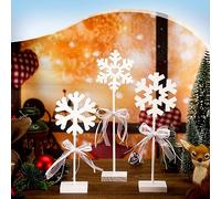 Blulu Lot de 3 flocons de neige blancs en bois pour décoration de table - Décoration de table - Accessoires photo (flocon de neige 3D avec support)