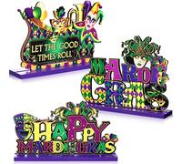 Blulu Lot de 3 panneaux de décoration de table Mardi Gras avec inscription « Let The Good Times Roll » en bois - Décoration de fête pour Mardi Gras