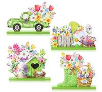 Blulu Lot de 4 décorations de table « Hello Spring » pour le printemps et Pâques - Panneaux en bois pour la maison - Décoration de fête en bois rustique - Style mignon
