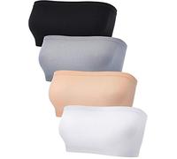 Blulu Lot de 4 Soutiens-Gorge Bandeau sans Bretelles sans Couture Non rembourrés Extensibles pour Femme, Noir, Blanc, Couleur Peau, Gris, M