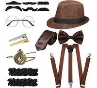 Blulu Set de Costume Homme 1920s de Gangster Rétro, Chapeau, Noeud Papillon, Montre de Poche, Porte-Jarretelles, Lunettes, Barbe, Brassard Jarretelles, Pinces à Cravate (Brun, Style Simple)