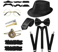 Blulu Set de Costume Homme 1920s de Gangster Rétro, Chapeau, Noeud Papillon, Montre de Poche, Porte-Jarretelles, Lunettes, Barbe, Brassard Jarretelles, Pinces à Cravate (Style Simple, Noir)