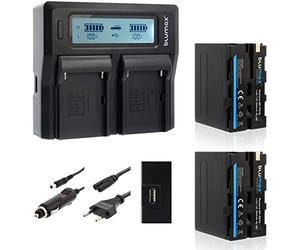 Blumax - 2 Batteries Type NP-F970/NP-F960 à 7850 mAh - cellules LG - avec Chargeur Double Dual - pour flashs/Torches vidéo/moniteurs de Terrain - Compatible avec Sony NP-F970/NP/F960/NP-F990