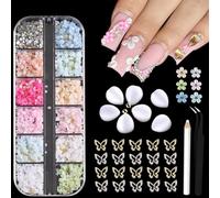 Blumen Pendentif à ongles, pétales de fleurs acryliques 3D, pierres florales colorées, pendentifs papillons dorés et argentés, petites perles de caviar, strass perles, décoration de manucure