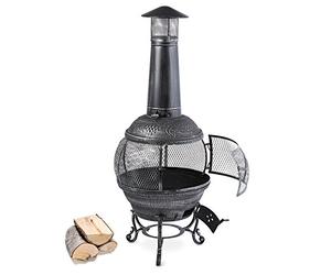 Blumfeldt Flavius - Poêle en Fonte Acier, Cheminée d'extérieur brasero idéal pour terrasse, Grille à Charbon de Bois et tisonnier Inclus, Foyer Visible 360°, Hauteur 1m40, Argent