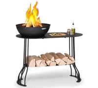 Braséro de jardin - Nantai - Foyer de terrasse - Grille barbecue Ø50cm - Charbon ou bois - Rangement bois - Acier noir