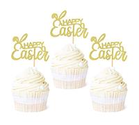 Blumomon Lot de 24 décorations pour cupcakes « Happy Easter » avec oreilles de lapin dorées et pailletées