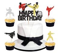 Blumomon Lot de 25 décorations de gâteau d'anniversaire à paillettes pour enfants, garçons, adolescents, fête d'anniversaire sur le thème des arts martiaux, décorations de cupcakes