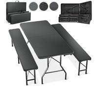 Blumtal Ensemble de Jardin 3 Pièces - 2 Bancs (183x28x43) et 1 Table Brasserie (180x74x74cm) - Meuble Pliable pour 8 Personnes avec Poignée - Noir