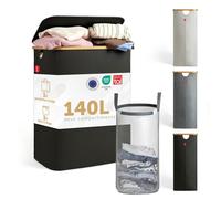 Blumtal® Panier a linge 2 compartiment 140L - Panier rangement lavable avec filet à linge détachable - panier à linge avec couvercle & bord en bambou - panière à linge - paniere a linge sale - noir
