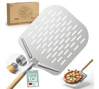 Blumtal Pelle à pizza perforée 30,5 x 30,5 cm + manche en bois 24,5 cm - Pelle à pizza perforée en aluminium antiadhésif et acier inoxydable - Pelle à pain