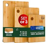 Blumtal - Planche a decouper bois 100% bambou Set de 3 (22x15, 28x22, 33x 22) - planche à découper bois antibactérienne, avec trou de suspension et pied transparent antidérapant