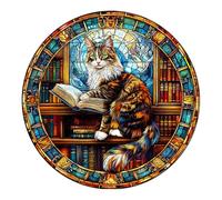 Blumuze Puzzle Bois Adulte, Bibliothèque Maine Chat Puzzle en Bois Animaux, Puzzles Animal Unique pour Adulte, The Maine Cat Library Wooden Puzzles 100pcs-S-21.5 * 21.5cm