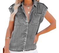 Bluse Damen,Damen-Jeansbluse Sommer-Vintage-Waschung Verblasste Hemden Mit V-Ausschnitt Oberteile Lässige Lockere Ärmellose Blusen Mit Knopfleiste Tunika-Oberteile Distressed-Chambray-Jeans-Wester
