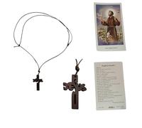 BLUSUPERSHOP Collier corde réglable 80-42 cm croix bois 3,2 x 2,2 cm tao jesus tau a3 de san francesco pendentif rosario maria madonna RELIGIEUX protège-moi réglable avec saint pour prière