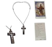 BLUSUPERSHOP Collier corde réglable 80-42 cm croix bois 4 x 2,5 cm tao jesus tau a5 de san francesco pendentif rosario maria madonna RELIGISO protège-me réglable avec santa pour prière